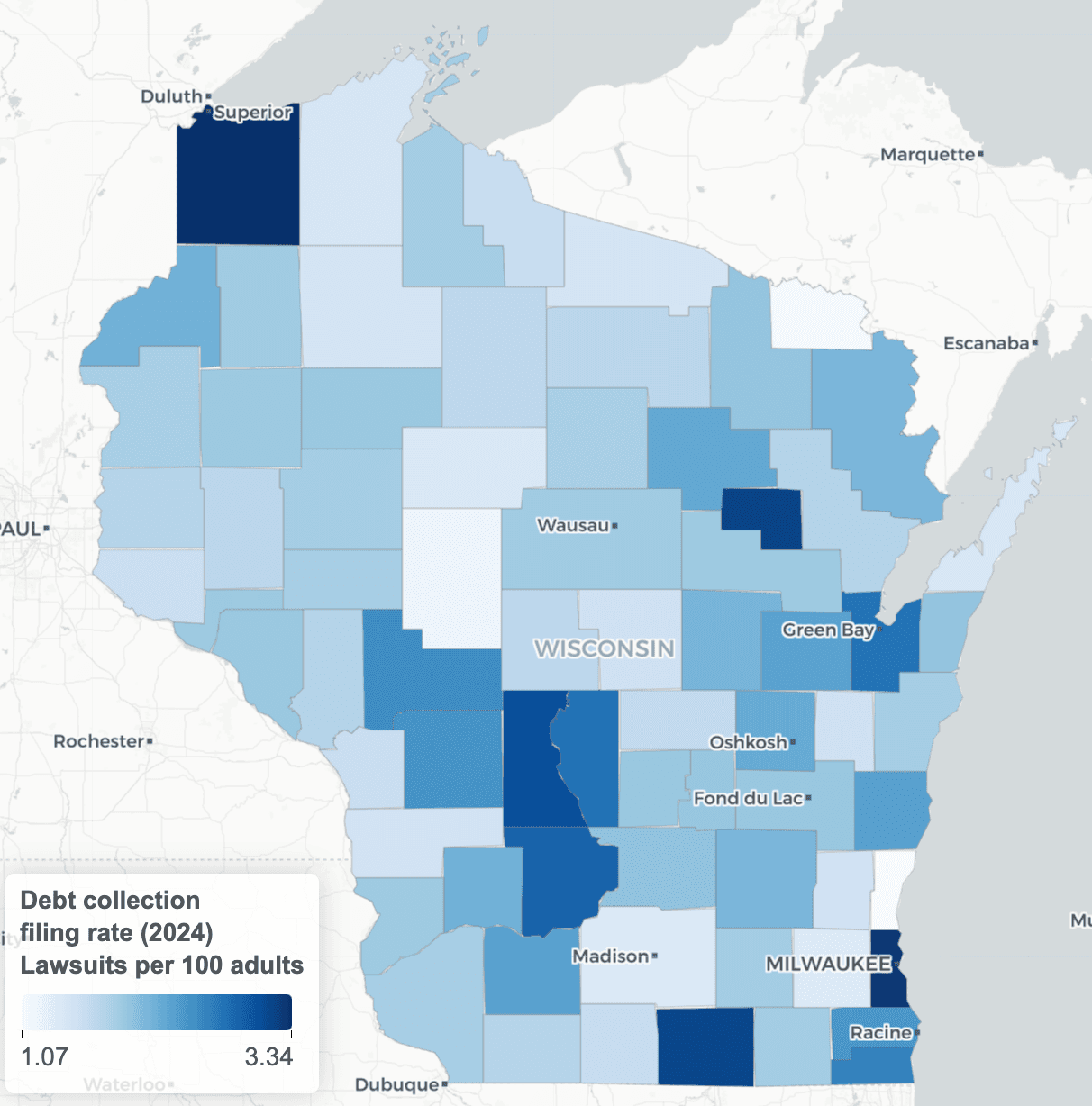 Wisconsin Debt Collection Lawsuit Filings Map